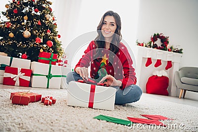 Photo of pretty cute positive lady on floor stayed home alone pack orders handmade shop comfort houseroom interior Stock Photo