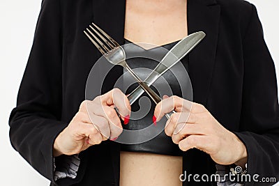 photo pretty woman knife and fork in hands emotions posing isolated background Stock Photo