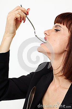 photo pretty woman knife and fork in hands emotions posing Lifestyle unaltered Stock Photo