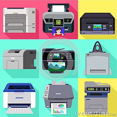 Photo printer icon set, flat style Vector Illustration