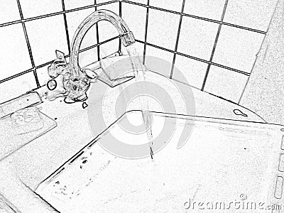 Photo processed in the style of pencil drawing. From the tap in the kitchen running water Stock Photo