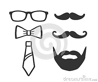 Photo props set. Glasses, moustache, bow and tie for selfie. Collection of male photo accessories. Photobooth set Vector Illustration