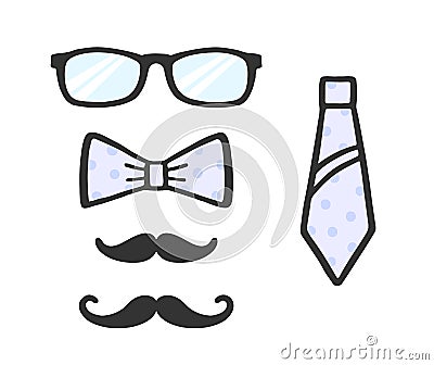 Photo props set. Glasses, moustache, bow and tie for selfie. Collection of male photo accessories. Photobooth set Vector Illustration