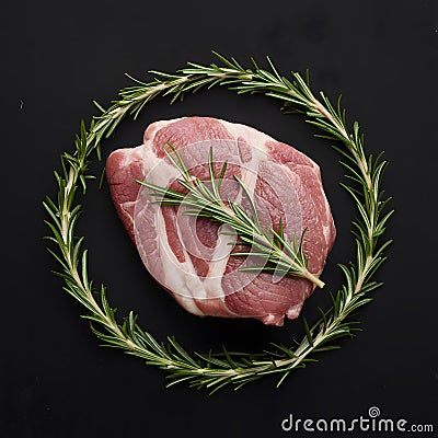 Photo Raw lamb adorned with rosemary, striking contrast on black backdrop Stock Photo