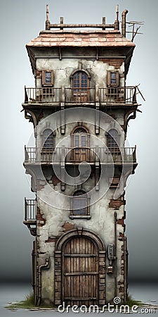 Photo Realistic 3d Model Of Old Damaged Prison In Esao Andrews Style Stock Photo