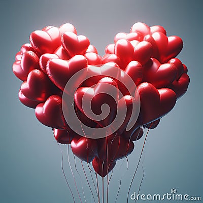 Photo-realistic depiction of a bunch of shiny, red, heart-shaped balloons against a solid blue background. Stock Photo