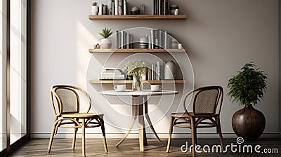 Subtle Earthy Tones: 3d Rendering Of A Charming Room With Table, Bookshelf, Chairs, And Flowerpot Stock Photo