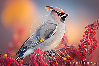 Photo realistic image of colorful Bohemian Waxwing bird.AI Generated image Stock Photo