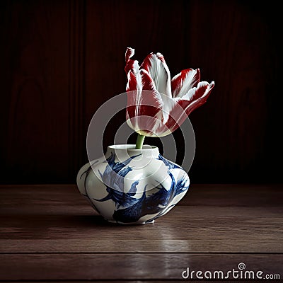 Photo realistic image of a red and white tulip in a little porcelain vase on a dark wooden surface with cinematic Stock Photo