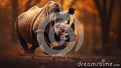 Photo-realistic Rhinoceros Running Through Forest At Sunset Stock Photo