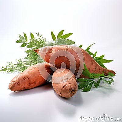 Photo-realistic Sweet Potatoes With Dill On White Surface Stock Photo