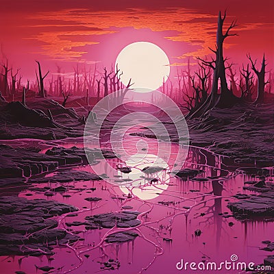 Retro-futuristic Cyberpunk Oil Painting: Melting Dead Trees Across Pink Water Stock Photo