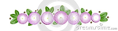 A photo of red sliced onion and laurel leaves border isolated on a white background. An edible design element for eco cookery busi Stock Photo
