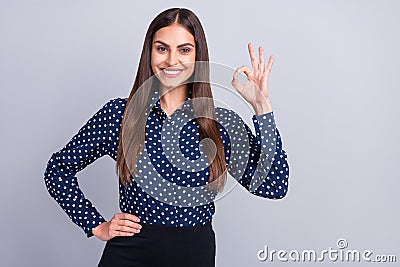 Photo of reliable cute business lady show okey gesture wear dotted blouse isolated grey color background Stock Photo