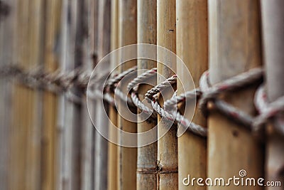 Photo with a repetitive rhythm, a fence made of bamboo tied with a rope Stock Photo
