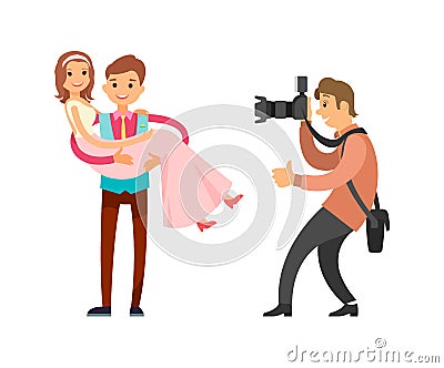 Photo Reporter Takes Pictures Groom Holding Bride Vector Illustration