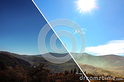 Photo before and after retouch, collage. Picturesque landscape with beautiful sky over mountains Stock Photo