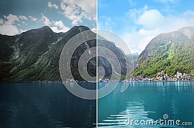 Photo before and after retouch, collage. Picturesque view of small resort town near mountains on riverside Stock Photo