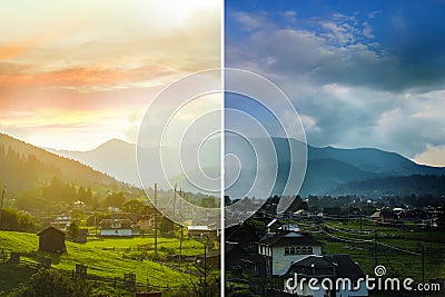 Photo before and after retouch, collage. Picturesque view of village and forest on mountain slopes Stock Photo