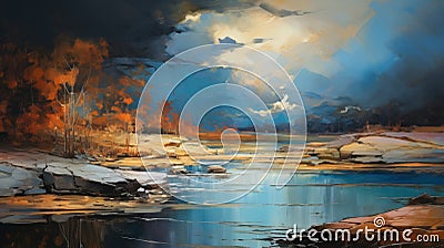 Expressive Digital Painting Of A Stormy River With Delicately Rendered Landscapes Stock Photo