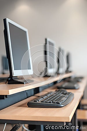 Photo of row computers in classroom or other educational institution Stock Photo