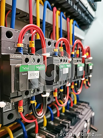 Photo a row of three poles contactors in electrical cabinet. Editorial Stock Photo
