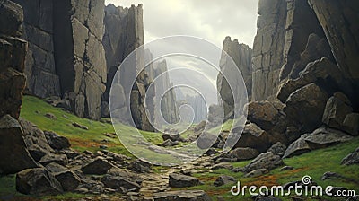 Terragen-inspired Painting: Majestic Valley With Rocky Terrain Stock Photo