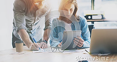 Photo Sales Team Working Modern Office.Woman Using Generic Design Laptop,Man Holding Pencil. Account Manager Work New Stock Photo