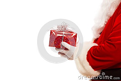 Photo of Santa Claus gloved hands holding red giftbox, isolated on white background Christmas Stock Photo