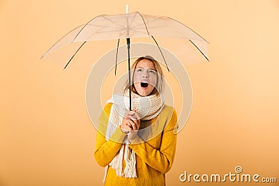 Screaming shocked woman wearing scarf holding umbrella posing over yellow wall background Stock Photo