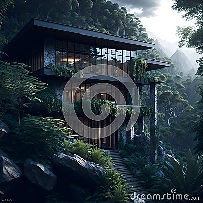 Ai generated a secluded cabin surrounded by lush green forest Stock Photo