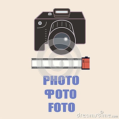 Photo services logo - camera, film and text `Photo` in English and in Russian Vector Illustration