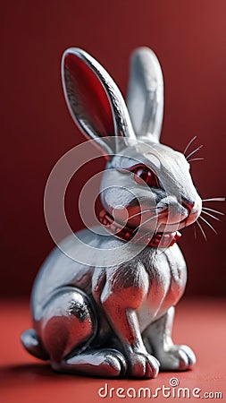 Photo Of A Shiny Silver Rabbit Figurine Sitting On Top Of A Red Surface Next To A Red Object In The Shape Of A Rabb. Generative AI Stock Photo