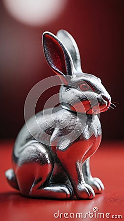 Photo Of A Shiny Silver Rabbit Figurine Sitting On Top Of A Red Surface Next To A Red Object In The Shape Of A Rabb. Generative AI Stock Photo