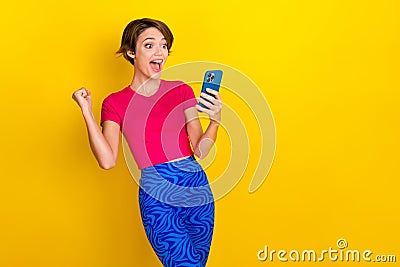 Photo of shocked lucky lady wear pink t-shirt writing getting twitter facebook Instagram likes empty space isolated Stock Photo