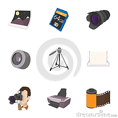 Photo shooting icons set, cartoon style Vector Illustration