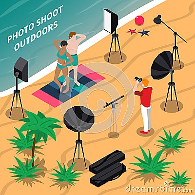 Photo Shooting Outdoors Isometric Composition Vector Illustration