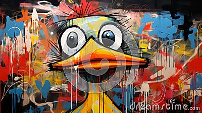 Vibrant Street Art: Angry Duck In Multicolored Graffiti Style Stock Photo