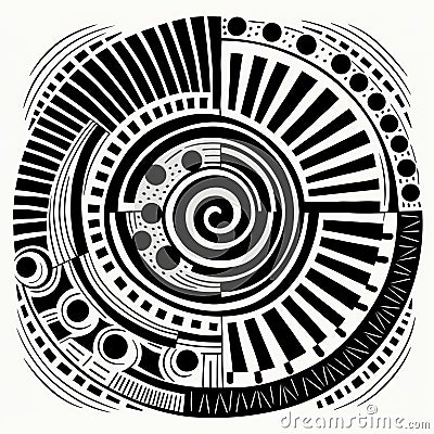 Spiral Art Design: Robotic Motifs, African Patterns, Monochromatic Sketches Stock Photo
