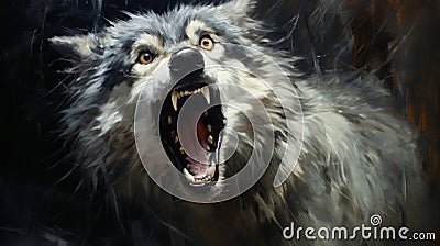 Concept Art: Black Wolf With Wide Open Mouth - Realist Detail Stock Photo