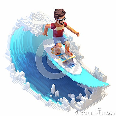 Voxel Art Surfing Character: 3d 8 Bit Pixel Cartoon Stock Photo