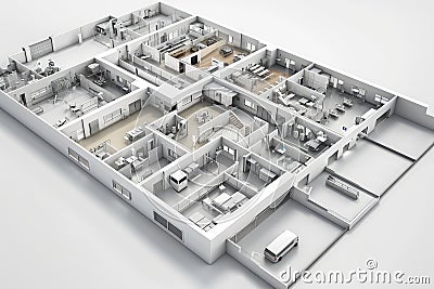 This photo showcases a comprehensive floor plan of a fully furnished house, highlighting all the individual rooms and their Stock Photo