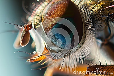 This photo showcases a detailed close-up of a flys compound eye, capturing the intricate structure and texture, Macro photograph Stock Photo