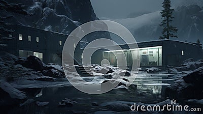 Eerily Realistic Sci-fi Building Surrounded By Snow And Rocks Stock Photo