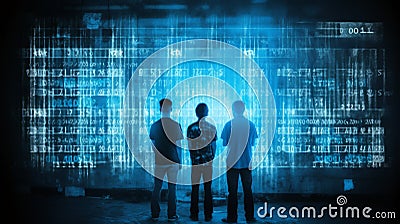 Vintage Sci-fi: Four Men In Front Of A Digital Wall Of Code Stock Photo