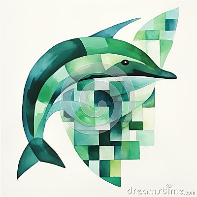 Green Dolphin Watercolor: Organic Geometric Abstraction Wall Art Stock Photo