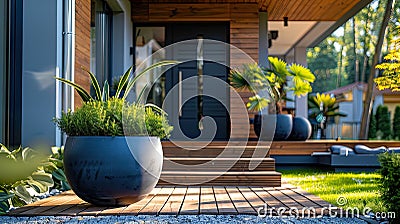 Welcome to Your Stylish Suburban Oasis: A Serene Entrance with Lush Greenery and a Charming Wooden Path Stock Photo