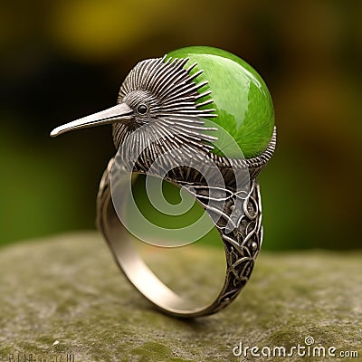 Dreamlike Kiwi Bird Silver Ring In Vray Style Stock Photo