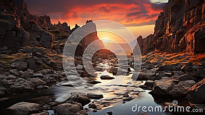 Epic Fantasy Scenes: Rocks In A River With Impressive Skies Stock Photo