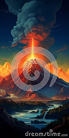 Vivid Energy Explosions: A Stunning Mountain Illustration With A Mysterious Glow Cartoon Illustration